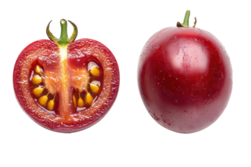 A sliced heirloom tomato revealing golden seeds glistening amidst the juicy red flesh alongside its whole counterpart under precise studio lighting