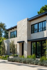 Fototapeta premium This contemporary house features expansive windows that allow for abundant natural light, complemented by a beautifully landscaped garden in a bright, sunny residential neighborhood