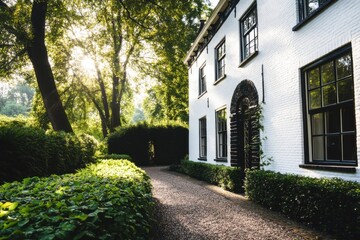 A delightful white house nestled amidst vibrant greenery, basking in the warm glow of sunlight, creates a peaceful garden oasis during the enchanting golden hour