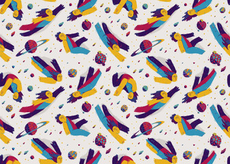 Obraz premium Dreamers conceptual seamless background, illustrative vector people flying among the planets in space, freedom of imagination relaxed levitation, tranquil and hypnotic emotions.