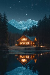 Fototapeta premium Mountain Cabin at Night Reflected in Lake