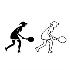 A set of female tennis player icons in both silhouette and outline styles, depicting a dynamic stance while holding a racket, perfect for sports designs and digital use