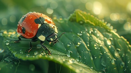 Obraz premium Close-up of a ladybug on a green leaf with dew drops, showcasing nature's beauty in a serene environment