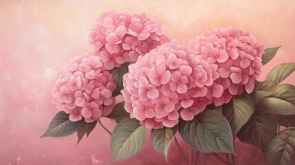 Delicate Pink Hydrangea Blooms on a Soft Pink Background Botanical Art Painting