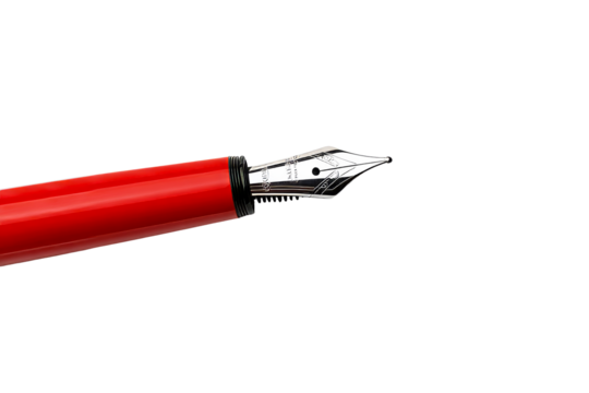 Elegant red fountain pen with ornate nib, cut out transparent