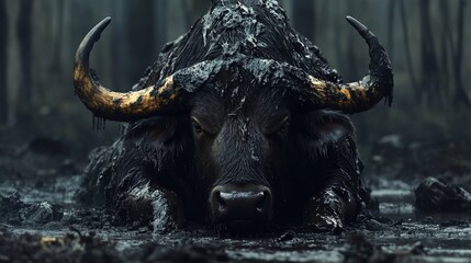 Naklejka premium Mud-covered bull resting in swampy forest