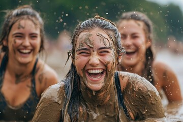Smiling participants enjoy a muddy obstacle course challenge during an outdoor fitness event in springtime