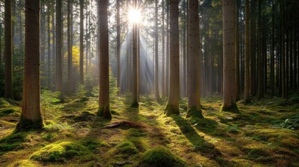 Obraz premium Sunbeams pierce misty autumn forest, mossy ground, nature background, calming scene