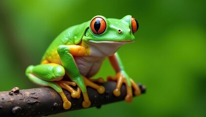 Green tree frog perched on white, vibrant skin details, animal, clean