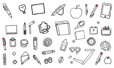 collection of school supplies and stationery items including pens, pencils, notebooks, and apple, creating vibrant and educational atmosphere. Perfect for back to school themes