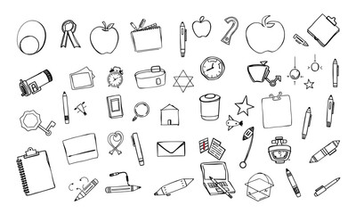 Collection of school supplies and stationery items including pens, pencils, notebooks, and various icons representing education and creativity, perfect for back to school themes