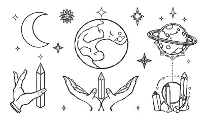 Mystical elements featuring celestial bodies, hands holding crystals, and stars create captivating scene. design evokes sense of wonder and connection to universe