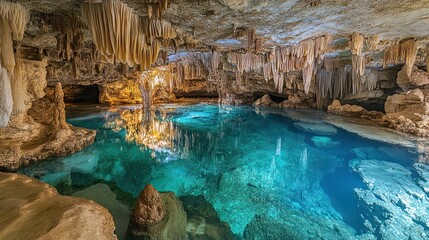 Crystal-clear cenote pool in a limestone cave, sunlight reflecting, stalactites hanging, underground river