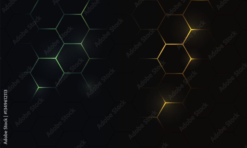 Aufkleber Hexagonal technology futuristic dark vector abstract background with green and yellow colored bright flashesunder hexagon. Gaming honeycomb abstract backdrop.
