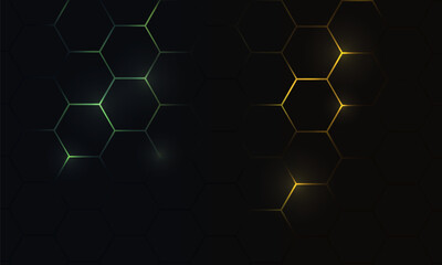 Hexagonal technology futuristic dark vector abstract background with green and yellow colored bright flashesunder hexagon. Gaming honeycomb abstract backdrop.