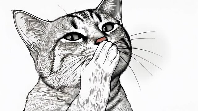 Drawing of cat. A cat drawing a paw. A black sheet of white pencils. An illustration of a cat lifestyle.