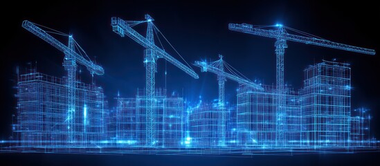 Blue glowing line art depicts city construction projects with cranes