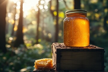 Honey jar, forest sunrise, honeycomb, wooden box, nature