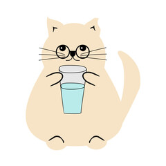 Cute fat funny nice cat with a glass of water on white isolated vector illustration 