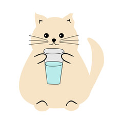 Cute fat funny nice cat with a glass of water on white isolated vector illustration 