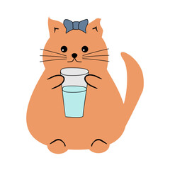 Cute fat funny nice cat with a glass of water on white isolated vector illustration 