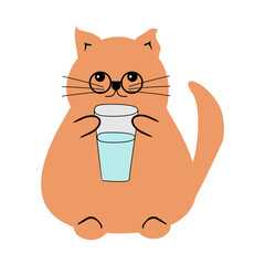 Cute fat funny nice cat with a glass of water on white isolated vector illustration 