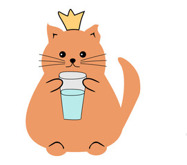 Cute fat funny nice cat with a glass of water on white isolated vector illustration 