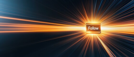 A glowing "Follow" button radiates light and motion, symbolizing engagement and connectivity in the digital realm.