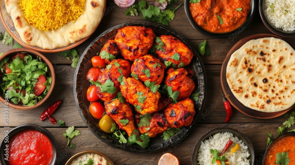 Poster a top-down view of a festive table setting with tandoori chicken, naan, and various indian side dish