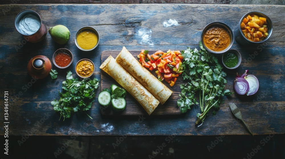 Poster a top-down view of a festive table set with dosas, chutneys, and fresh vegetables, creating a colorf
