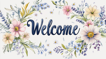 Floral Welcome: A delicate floral wreath frames the word "Welcome," inviting viewers with soft pastel colors, creating a warm and inviting visual message.