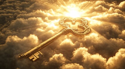 Golden key floats in heaven; sunrise; hope; success; faith