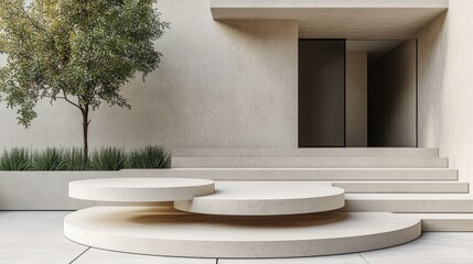 Minimalist modern patio design with stone podiums and steps