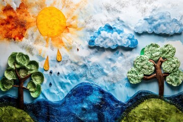 Whimsical water cycle illustration showcasing evaporation, condensation, and precipitation for educational purposes