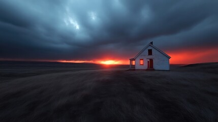 Lonely farmhouse at sunset, dramatic sky