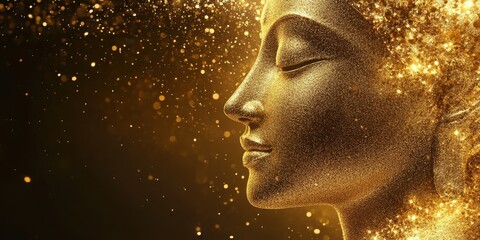 Golden silhouette of a serene face surrounded by sparkling particles symbolizes inner peace and beauty in a dreamlike atmosphere