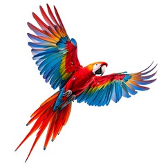Obraz premium Scarlet Macaw in Flight Vibrant Tropical Bird Wings Spread Wide