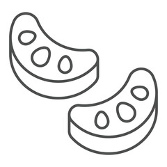 Orange slices with syrup thin line icon, juicy fruits concept. Vector graphics. Sweet fruit orange slice piece pair sign on white background, outline style icon for mobile or web design.