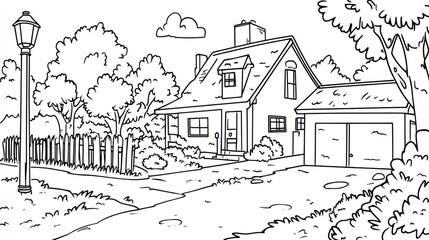 Obraz premium A simple outline drawing depicting a house and its surroundings