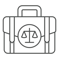 Briefcase with libra scales thin line icon, jurisprudence concept. Vector graphics. Portfolio bag with legal cases sign on white background, outline style icon for mobile or web design.