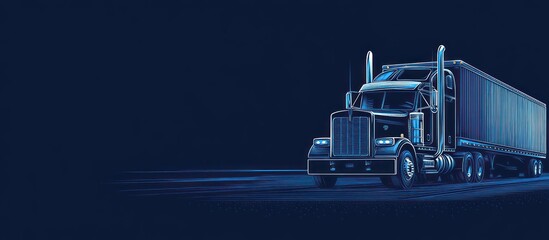 A large semi truck is on a dark blue background design
