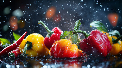 Fresh Red and Yellow Bell Peppers with Chili Peppers Covered in Water Droplets Close-Up