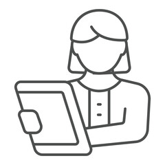 Psychologist woman and testimony notepad thin line icon, family psychology concept. Vector graphics. Woman with paper notes sign on white background, outline style icon for mobile or web design.