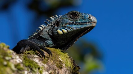 Fototapeta premium Vibrant blue iguana perched on a mossy branch against a vibrant blue sky