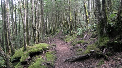 Fototapeta premium Hiking mossy forest trail, lush green canopy, mountain path, nature background, travel