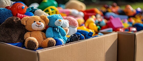 Cardboard boxes overflowing with colorful toys teddy bears, blocks, cars, and more