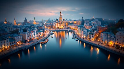 Obraz premium Cityscape at dusk, reflecting in water