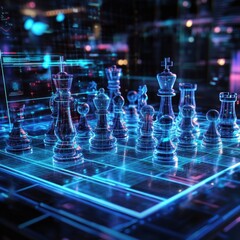 Futuristic chess game on a digital board with glowing pieces and overlayed data streams.