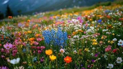 Fototapeta premium A field of wildflowers blooming with colorful blossoms in various shades, a representation of springtime's vibrant natural landscape.