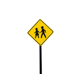 Yellow pedestrian crossing sign with black silhouettes